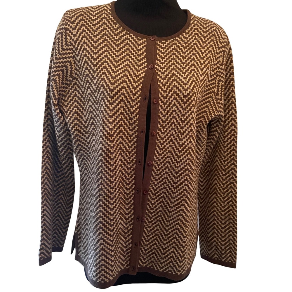 Sarah Spencer Brown Chevron Zigzag Wool Blend Button Front Cardigan Sweater M